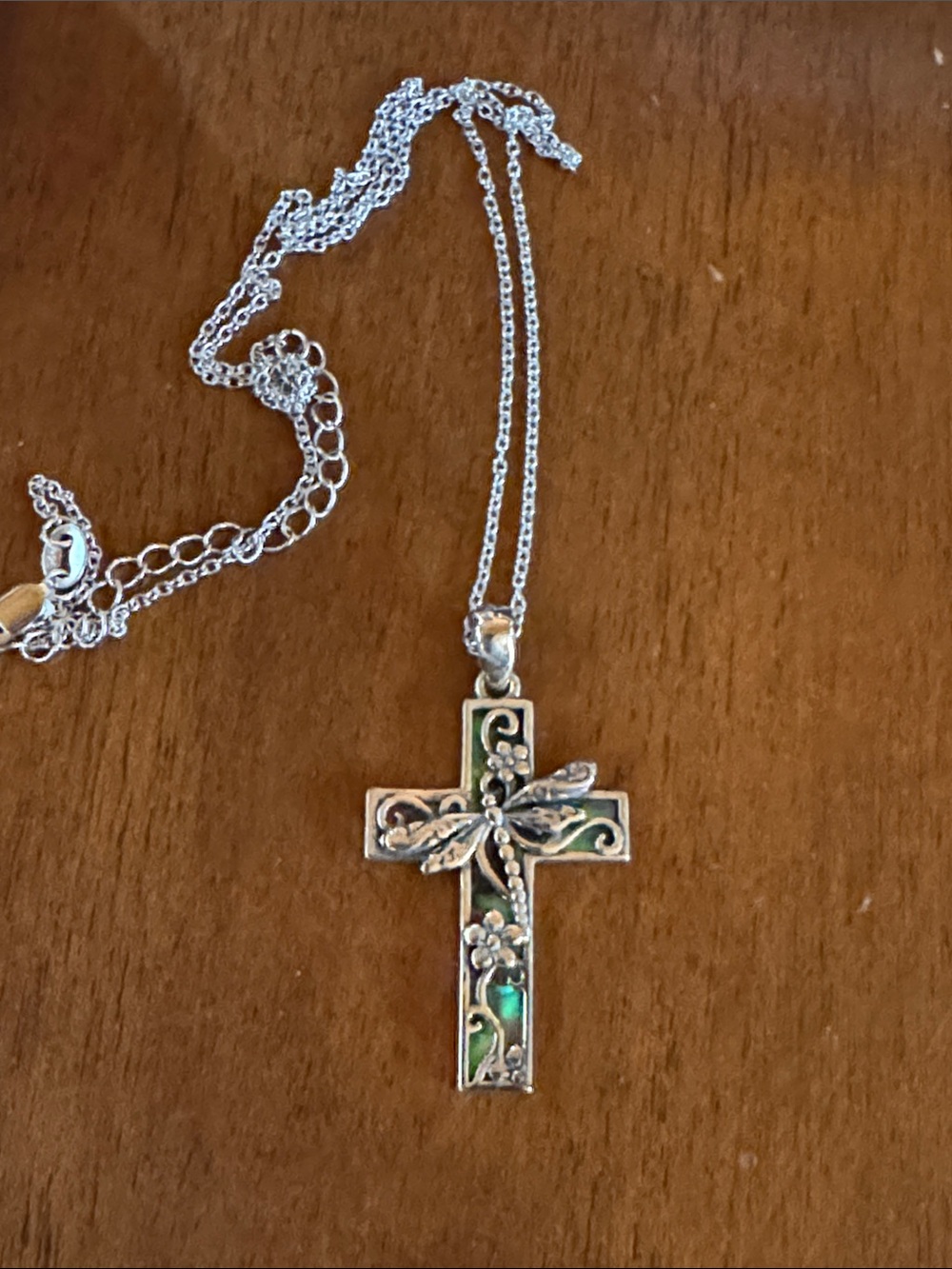 Sterling Silver Cross Pendant Necklace with Green Abalone Inlay